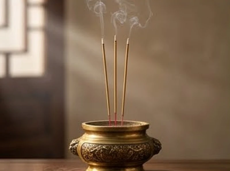 Ba nén nhang cháy dở cắm trong bát hương đồng bốc khói nghi ngút trong một buổi lễ cúng tĩnh lặng