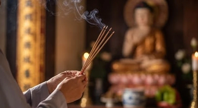 Đôi bàn tay thành kính cầm nén nhang dâng lên bàn thờ Phật để cầu nguyện sự bình an