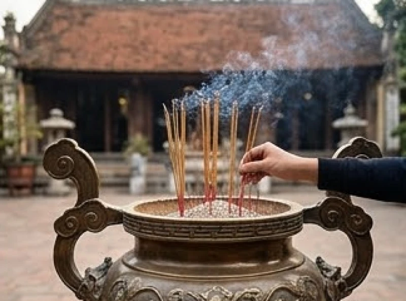 Người dân thành tâm thắp những nén nhang rực cháy tại chiếc lư đồng khổng lồ đặt trang nghiêm giữa sân đền