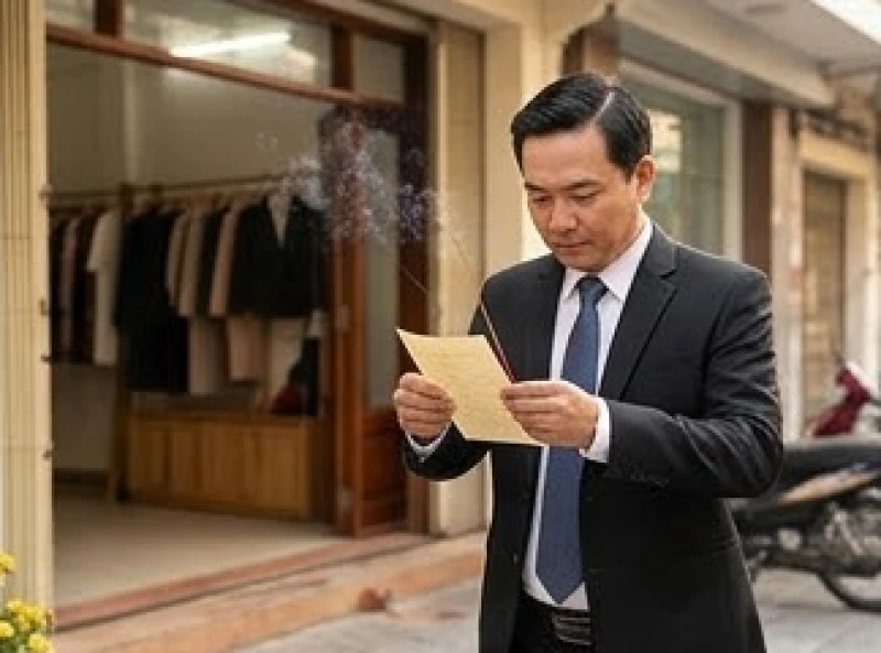 Chủ cửa hàng ăn mặc chỉnh tề đang thắp nhang và thành tâm đọc bài văn khấn người mở hàng đầu năm