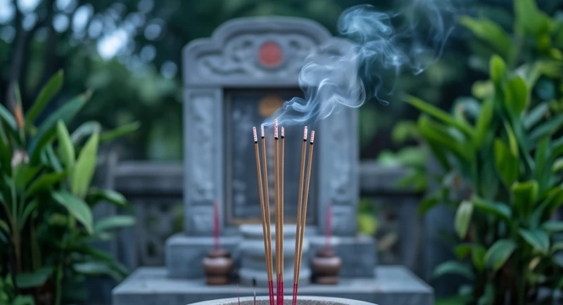 Mơ thấy bia mộ: Giải mã điềm báo và góc nhìn tâm lý học 3 Những nén nhang trầm đang cháy tỏa khói nhẹ nhàng trước phần mộ bằng đá truyền thống