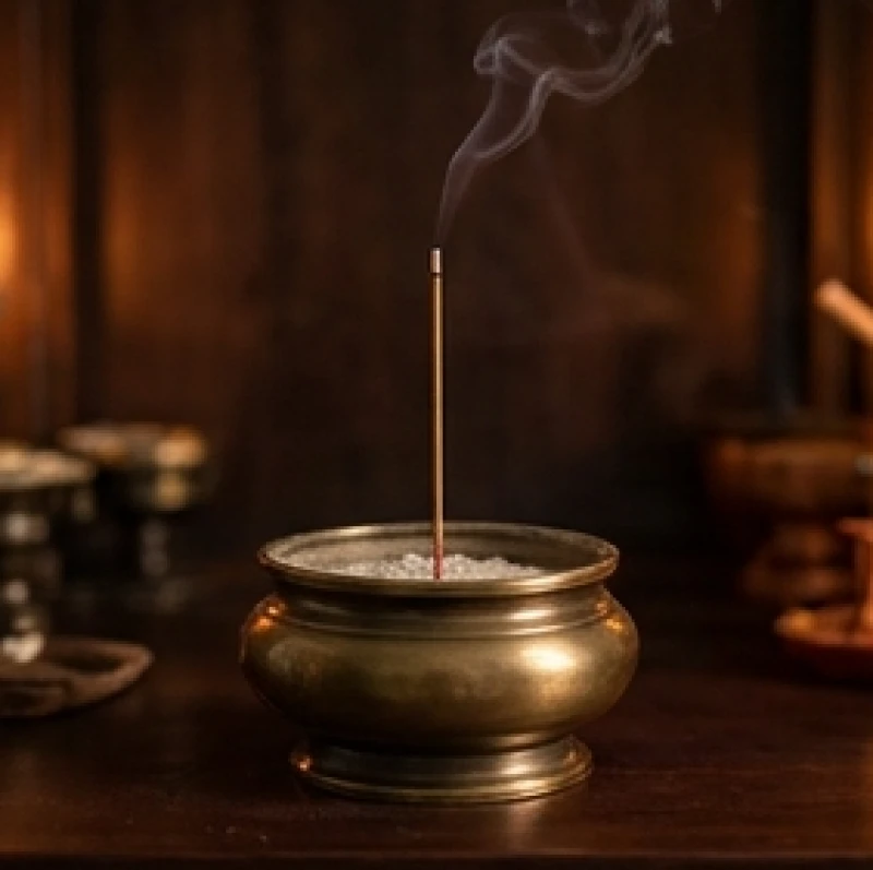 Nén nhang cháy dở cắm trong bát hương bằng đồng vào ngày Rằm với dải khói mỏng tỏa nhẹ