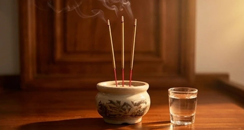 Ba nén nhang đỏ đang cháy sáng được thắp trên bàn thờ bên cạnh chén rượu trắng mới vừa rót đầy