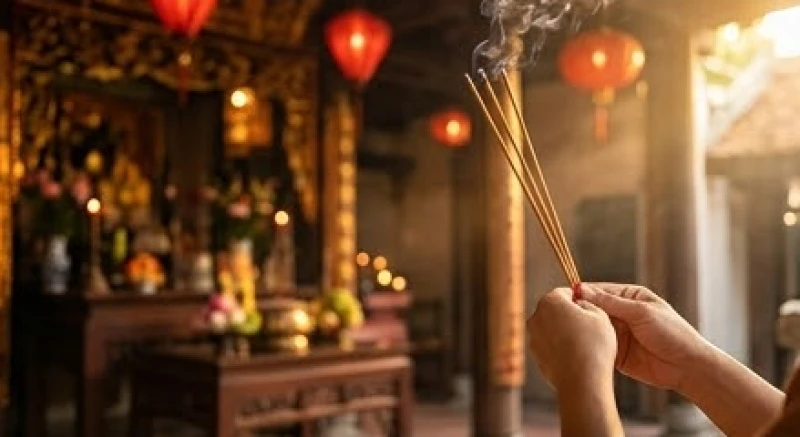 Người đi lễ thành kính thắp ba nén nhang tại hương án ban chính trước khi tỏa sang các ban thờ phụ