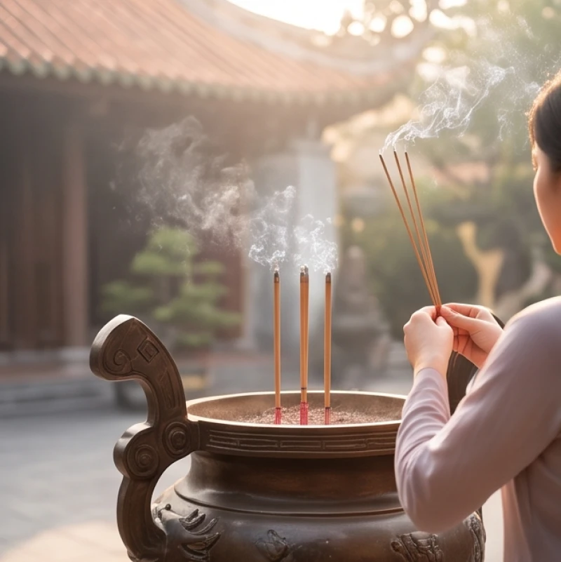 Văn khấn cầu duyên tại chùa: Trình tự dâng lễ và cách ghi sớ 3 Tín đồ kính cẩn thắp nén nhang tại lư hương lớn ngoài sân trước khi thực hành bài văn khấn cầu duyên tại chùa