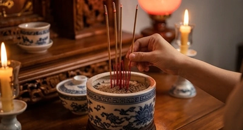 Đôi bàn tay thành kính cắm những nén nhang đỏ đang cháy rực lên bát hương bằng gốm sứ