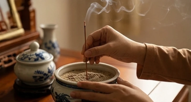 Bàn tay cẩn thận cắm nén nhang trên bàn thờ gia tiên trong làn khói mờ ảo