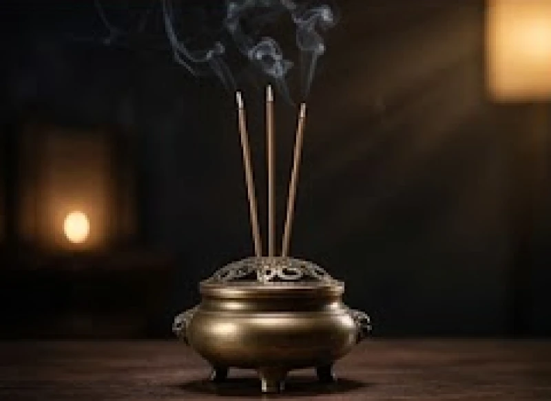 Ba nén nhang trầm đang cháy tỏa khói nhẹ nhàng trên lư hương bằng đồng cổ kính