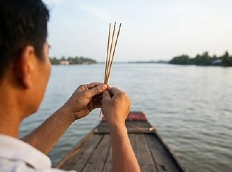 Văn khấn cúng Bà Cậu: bài cúng chuẩn và nghi thức dâng lễ 10 Ngư dân cầm ba nén nhang đỏ dâng cao ngang trán hướng về phía mặt sông
