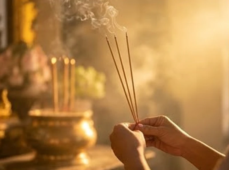 Tín chủ thành tâm chắp tay thắp 3 nén nhang dâng lên ban thờ Linh Sơn Thánh Mẫu
