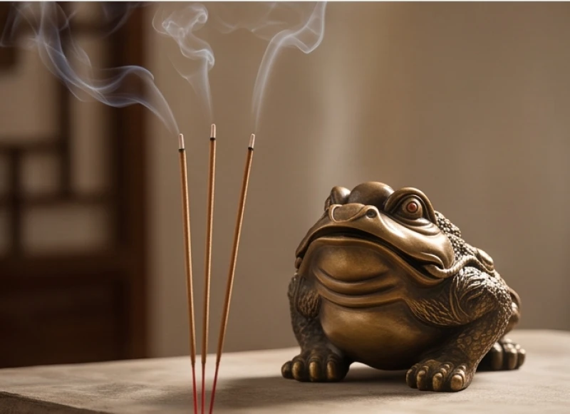 Thiềm Thừ Phong Thủy Tuổi Tỵ: Bảng Tra Ngũ Hành Và Hóa Giải 10 Ba nén nhang cháy đỏ rực được thắp trước bức tượng linh vật đang an vị vững chãi trên bệ đỡ