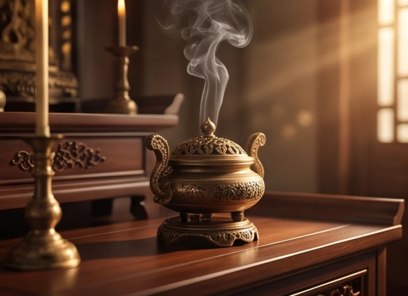 Khói trầm hương tỏa nhẹ nhàng từ lư đồng tinh xảo trong khoảnh khắc mượn giờ tốt
