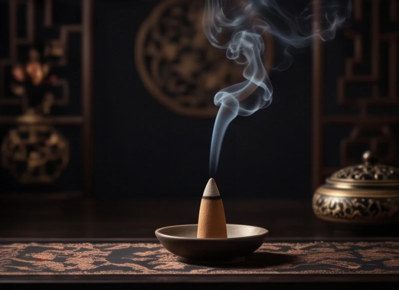 Một nụ trầm hương đang cháy tỏa những làn khói nhẹ nhàng bên trong căn phòng ngủ được bài trí truyền thống