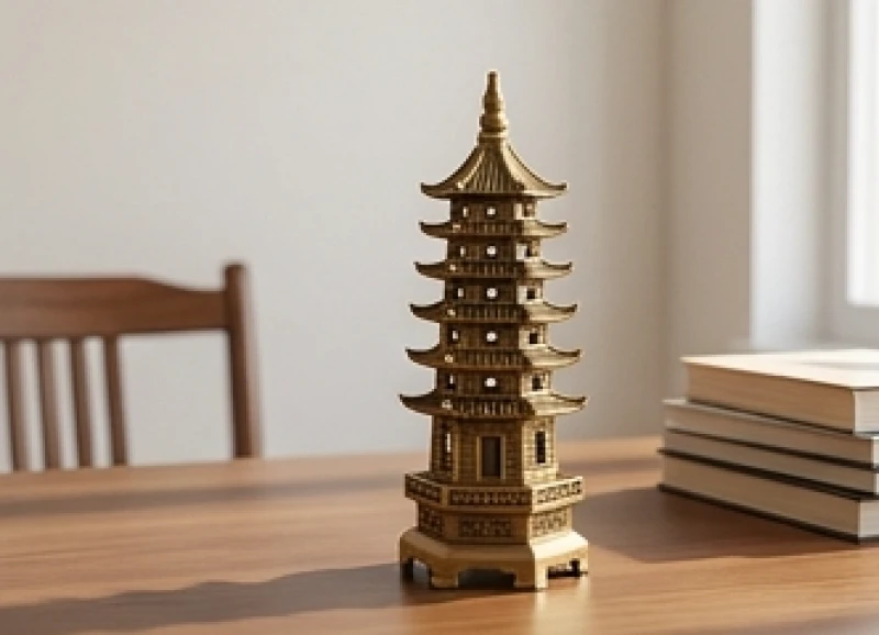 Tháp Văn Xương bằng đồng 7 tầng được bài trí ngay ngắn góc góc bàn làm việc bên cạnh sách