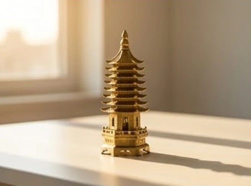 Mô hình tháp Văn Xương đúc bằng đồng thau nguyên khối sáng bóng nằm trên góc mặt bàn làm việc.