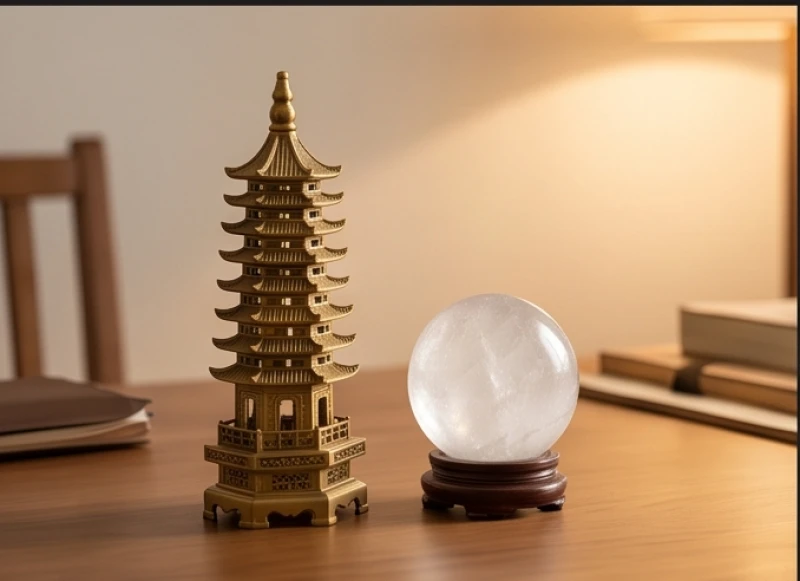 Tháp văn xương bằng đồng và quả cầu thạch anh trắng đặt trên bàn làm việc hướng Tây