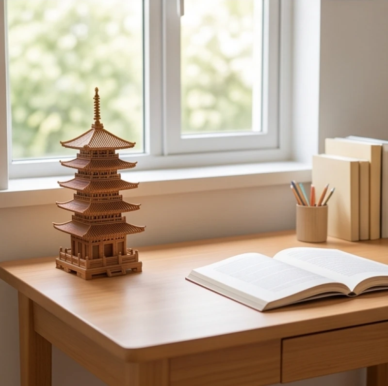 Mô hình tháp Văn Xương bằng gỗ được đặt tinh tế ở góc bên trái trên bề mặt chiếc bàn học