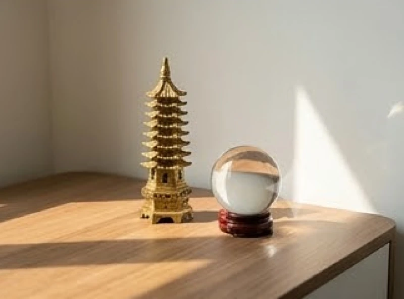 Mô hình tháp Văn Xương bằng đồng và quả cầu thạch anh được bài trí hợp lý trên mặt bàn
