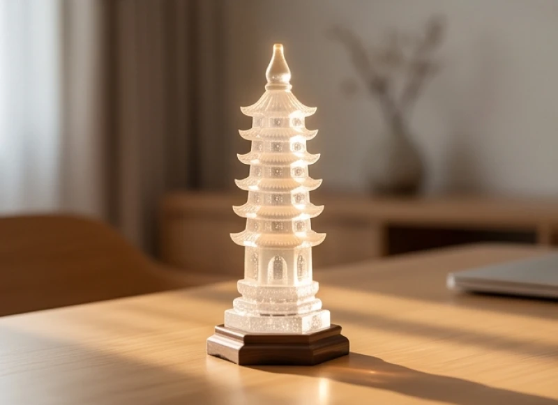 Tháp Văn Xương đá thạch anh nguyên khối được đặt trang trọng ở góc trái bàn làm việc