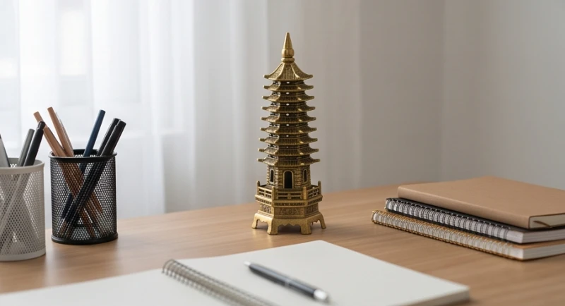 Mô hình tháp Văn Xương nhỏ bằng đồng được đặt cẩn thận ở mép phía Đông của mặt bàn học