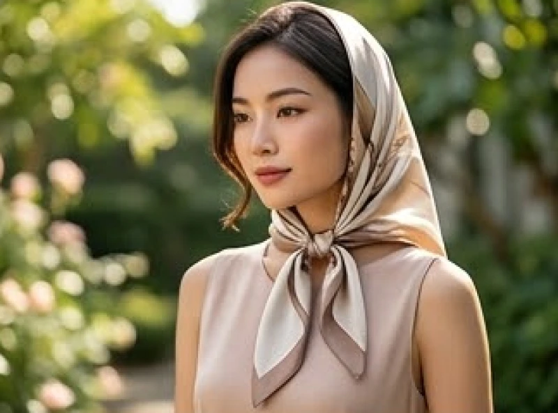 Phụ nữ khéo léo thắt khăn lụa turban bản nhỏ quanh cổ để che đi vùng gáy tinh tế
