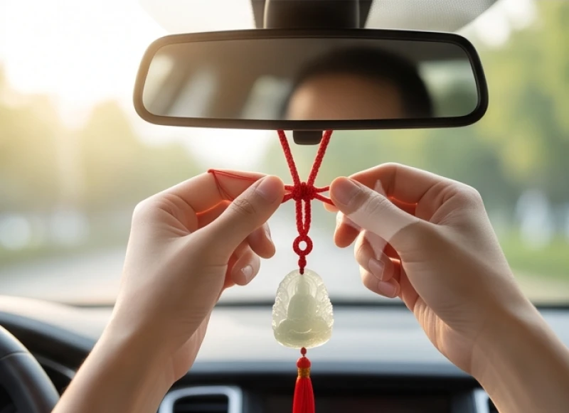 Bàn tay cẩn thận thắt nút cố định dây khánh phong thủy vào cuống gương chiếu hậu ô tô