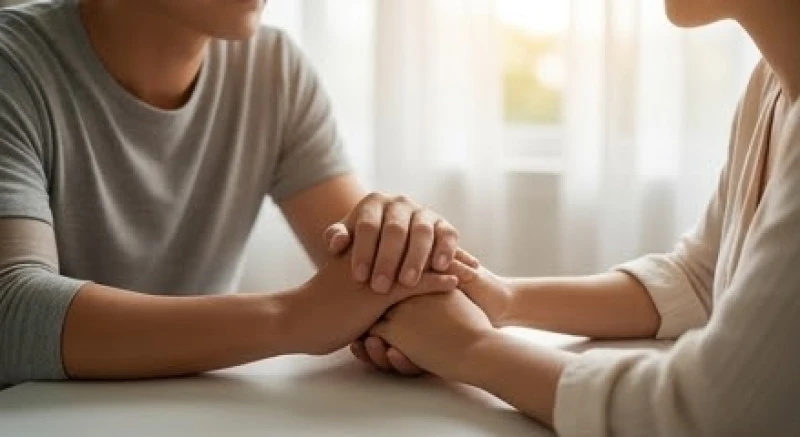 Hai người nhẹ nhàng nắm tay nhau trên bàn để xoa dịu và chia sẻ cảm xúc sau khi trải qua một giấc mơ buồn
