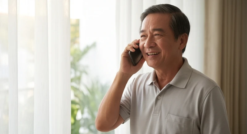 Người cha gọi điện thoại trò chuyện vui vẻ với con gái, thể hiện sự quan tâm thực tế sau khi trải qua những lo âu vô thức