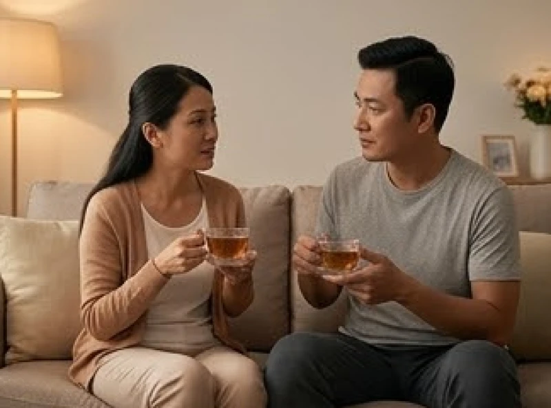 Hai vợ chồng ngồi cạnh nhau cùng trò chuyện chân thành để tháo gỡ khúc mắc tâm lý