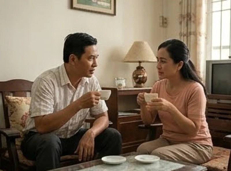 Đôi nam nữ ngồi uống trà trò chuyện vui vẻ thể hiện sự thấu hiểu trong hôn nhân