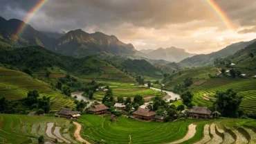 Khung cảnh thiên nhiên bình yên với dải màu rực rỡ giúp giải mã việc thấy cầu vồng là điềm gì trong phong thủy