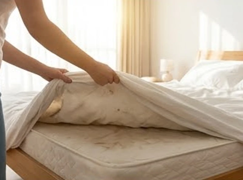 Người phụ nữ tháo ga giường và thay vỏ gối mới để làm sạch không gian ngủ sau sự cố