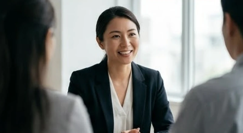 Một nữ nhân viên nở nụ cười rạng rỡ và tự tin giao tiếp cùng đồng nghiệp trong không gian văn phòng