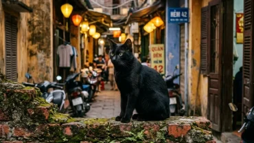 Hình ảnh một con mèo đen tĩnh lặng trong không gian mờ ảo giúp giải đáp thắc mắc thấy mèo đen là điềm gì