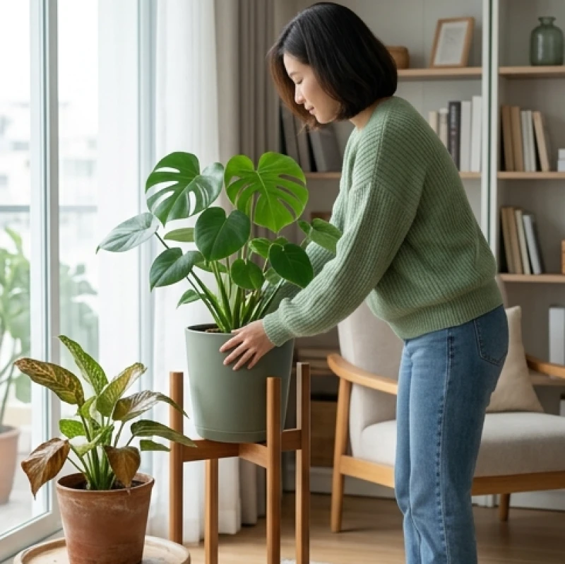 Cây trồng trong nhà hợp tuổi Tý: Vị trí Bát trạch & lịch tưới 13 Một người đang sắp xếp lại góc nhà bằng cách thay thế chậu cây cũ bằng chậu cây xanh mới