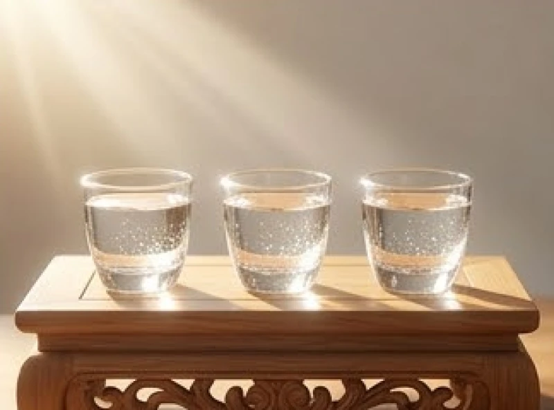 Ba chén nước lọc tinh khiết được thay mới mỗi buổi sáng để duy trì sự thanh tịnh