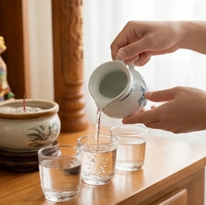 Bàn tay cẩn thận rót nước tinh khiết vào kỷ 3 ly pha lê trên ban thờ Thần Tài