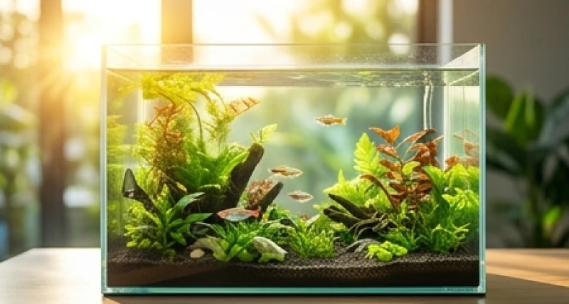 Hồ cá cảnh mini trong nhà được vệ sinh sạch sẽ với nước trong vắt và cây thủy sinh xanh