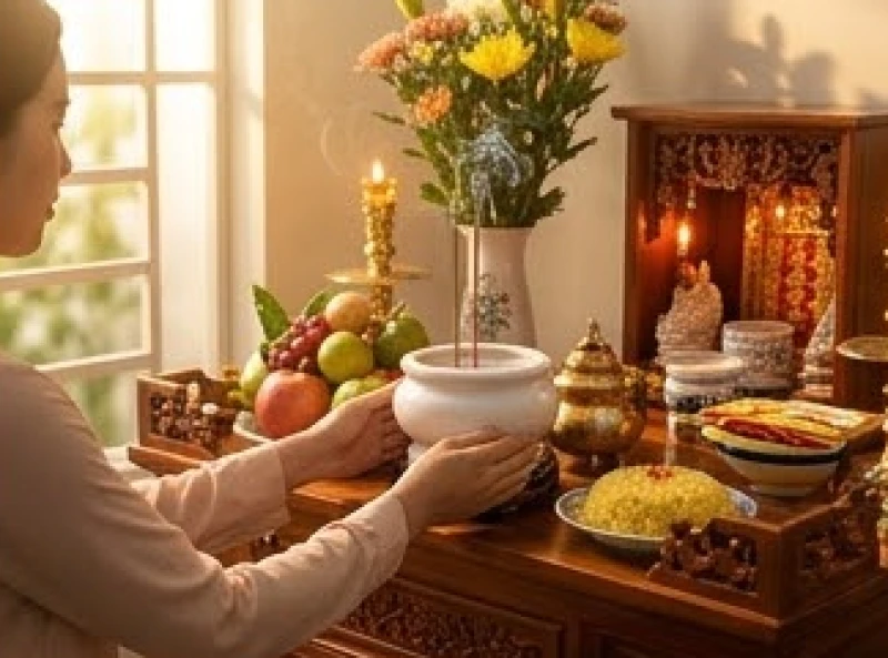 Người đàn ông trang nghiêm đang sắp xếp bát hương trên bàn thờ Thần Tài Thổ Địa trong một buổi lễ