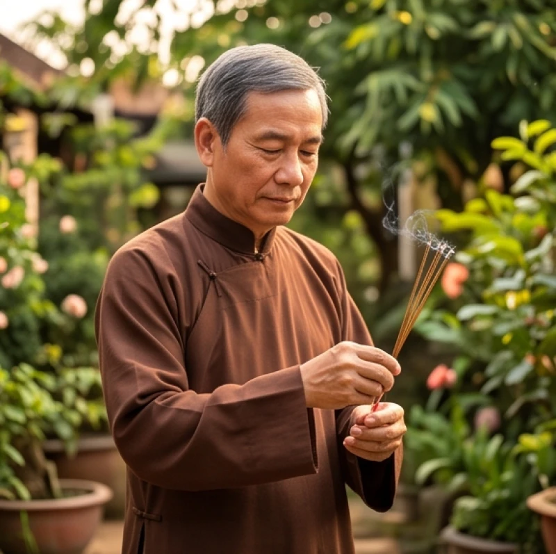 Thầy phong thủy mặc áo tràng đang đại diện gia chủ thực hiện nghi lễ