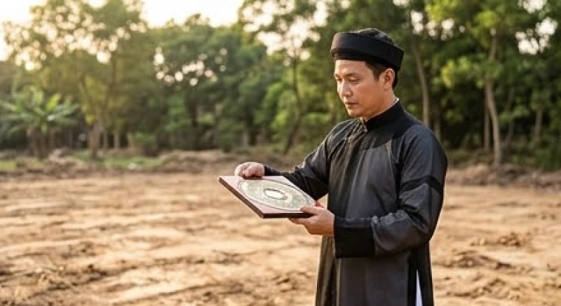 Thầy phong thủy đang cầm la bàn kiểm tra hướng đất và đo đạc phong thủy trước khi tiến hành nghi lễ xin phép đào đất