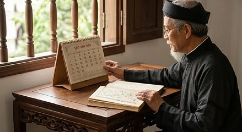 Xem ngày tốt xấu là gì: 3 yếu tố cốt lõi và cách hóa giải 1 Người lớn tuổi đang tra cứu ngày giờ hoàng đạo trên cuốn lịch cổ để tìm thời điểm khởi sự