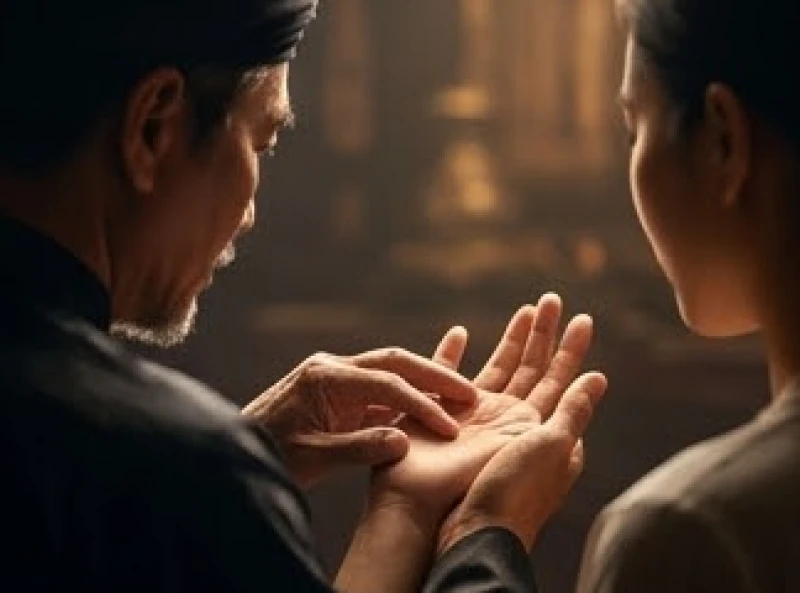 Một người đàn ông lạ mặt với biểu cảm bí ẩn đang nghiêm túc quan sát vận mệnh của người đối diện