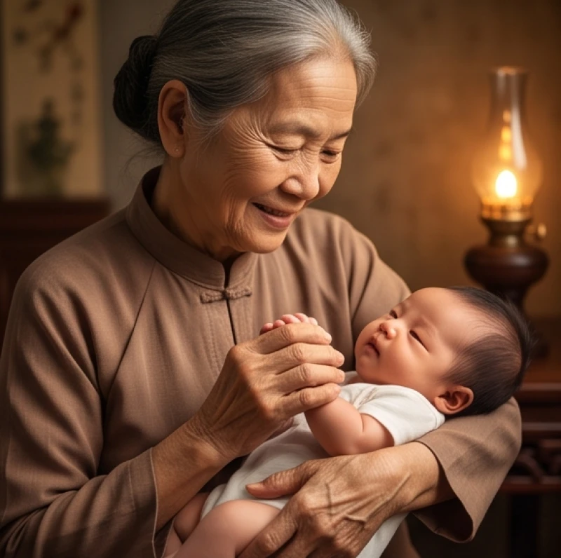 Người lớn tuổi và trẻ sơ sinh đại diện cho hai mốc thế hệ tuổi Giáp Thìn 2024 cách nhau một vòng hoa giáp