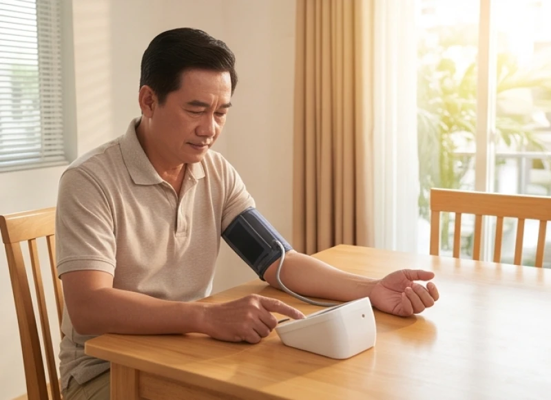 Sức khỏe tuổi Tỵ năm 2026: Phác đồ y khoa và lịch khám 4 Người đàn ông đang cẩn thận tự đo huyết áp bằng máy điện tử tại nhà vào buổi sáng