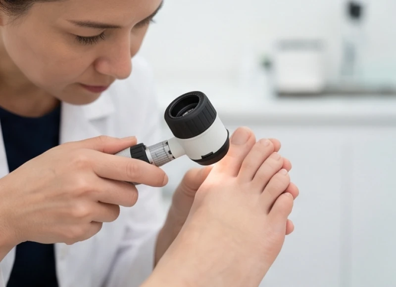 Bác sĩ da liễu đang dùng kính lúp chuyên dụng Dermatoscope để soi kỹ vùng da mỏng manh giữa các ngón chân