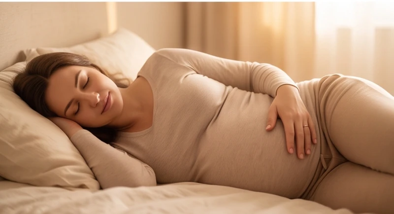 Mơ thấy xác chết trẻ sơ sinh: Giải mã điềm báo & cách xoa dịu 6 Người mẹ mang thai nằm nghiêng thư giãn và đặt tay lên bụng để cảm nhận cử động của em bé