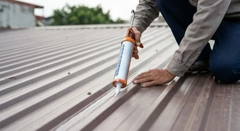 Thợ thi công đang bắn keo silicon và dán màng chống dột cho mái tôn hở vít