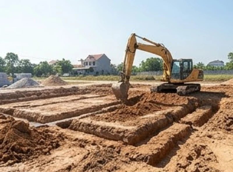 Tuổi Thìn động thổ ngày nào tốt: chuẩn Can Chi và văn khấn 3 Máy xúc đang tiến hành đào móng công trình xây dựng nhà ở trong điều kiện thời tiết khô ráo