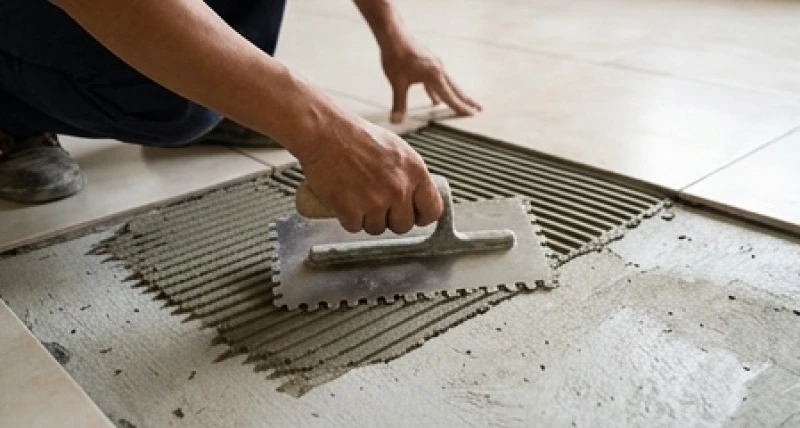 Người thợ xây dựng dùng bay răng cưa trát đều keo dán gạch trên mặt sàn cốt bê tông đã được làm sạch